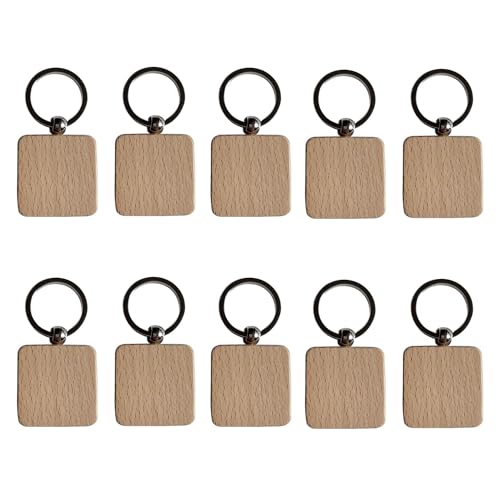 10 Stück Holz Schlüsselanhänger Rohlinge Holzgravur Rohlinge Schlüsselanhänger Unlackiertes Holz Schlüsselanhänger für DIY Geschenk Bastelbedarf (Quadrat) von BUYSK
