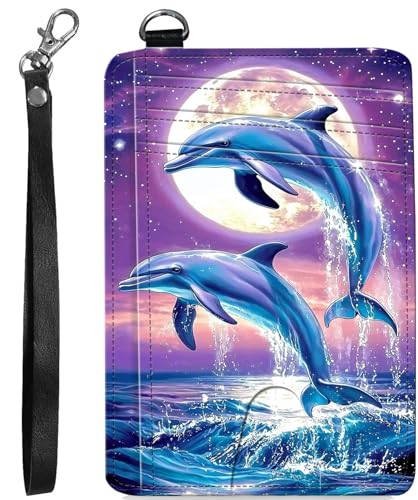 BVCLKJPOI RFID Blocking Wallet Women Slim Credit Card Holder with ID Window, Cute Small Front Pocket Card Wallet, Minimalist PU Leather Card Case for Travel Shopping Office Use, A1, Moon Dolphin von BVCLKJPOI