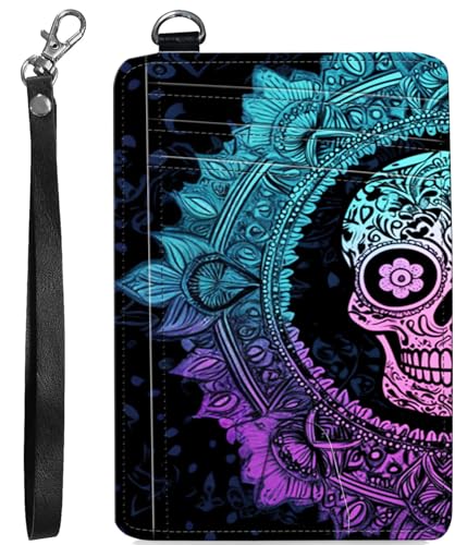BVCLKJPOI RFID Blocking Wallet Women Slim Credit Card Holder with ID Window, Cute Small Front Pocket Card Wallet, Minimalist PU Leather Card Case for Travel Shopping Office Use, A6, Totenkopf-Mandala von BVCLKJPOI