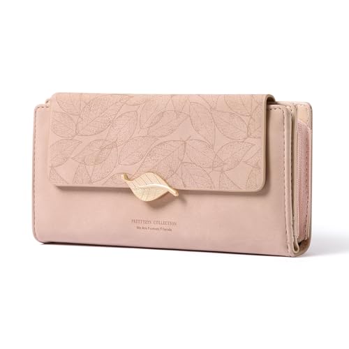 BVEOGMRO Damen-Geldbörse, Leder, RFID-blockierend, Bifold Clutch, großes Fassungsvermögen, Kreditkartenetui mit Münzreißverschluss, Helles Pink, 7.48" x 3.93" x 1.18" in, Classic von BVEOGMRO
