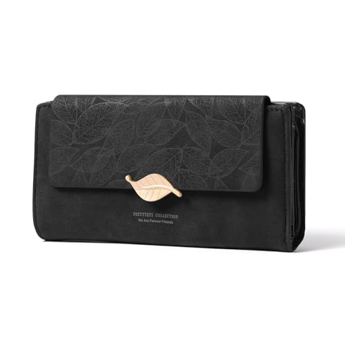 BVEOGMRO Damen-Geldbörse, Leder, RFID-blockierend, Bifold Clutch, großes Fassungsvermögen, Kreditkartenetui mit Münzreißverschluss, Schwarz, 7.48" x 3.93" x 1.18" in, Classic von BVEOGMRO