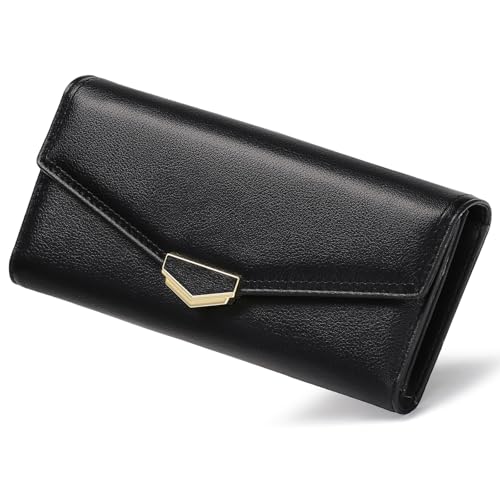 BVEOGMRO Damen-Geldbörse, Leder, RFID-blockierend, große Kapazität, dreifach gefaltet, Kartenhalter, Geldbörsen, lange Geldbörse mit Ausweisfenster, A01 Bright Black, 1.18" x 3.74" x 7.48" in, Modern von BVEOGMRO