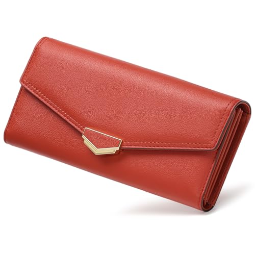 BVEOGMRO Damen-Geldbörse, Leder, RFID-blockierend, große Kapazität, dreifach gefaltet, Kartenhalter, Geldbörsen, lange Geldbörse mit Ausweisfenster, Rouge Red, 7.48" x 3.74" x 1.18" in von BVEOGMRO
