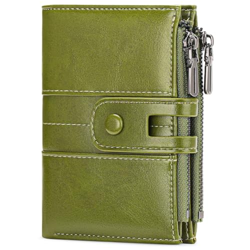 BVEOGMRO Damen-Geldbörse, RFID-blockierend, Leder, faltbar, kompakt, Kartenhalter mit Reißverschluss, Münzfach und Ausweisfenster, Grasgrün, 4.93" x 3.94’’x 0.99" in, Classic von BVEOGMRO