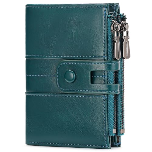 BVEOGMRO Damen-Geldbörse, RFID-blockierend, Leder, faltbar, kompakt, Kartenhalter mit Reißverschluss, Münzfach und Ausweisfenster, Seeblau, 4.93" x 3.94’’x 0.99" in, Classic von BVEOGMRO
