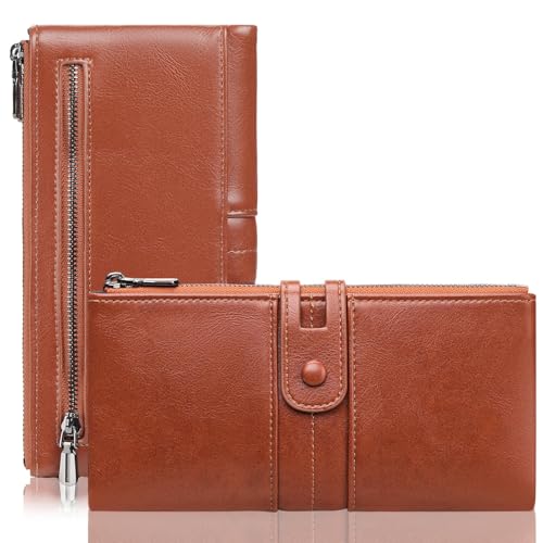 BVEOGMRO Damen-Geldbörse, RFID-blockierend, große Kapazität, Leder, lange Clutch, doppelter Reißverschluss, Kreditkartenetui mit Handgelenk, B04 Hellbraun, 7.68" x 4.14" x 1.18" in, Modern von BVEOGMRO