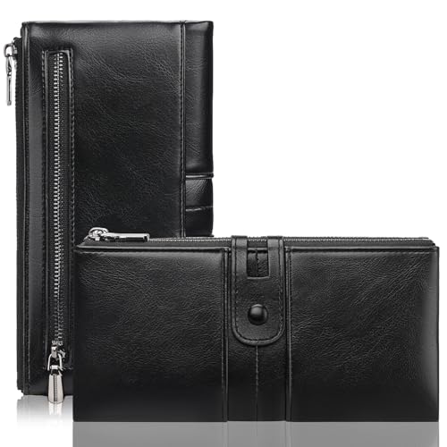 BVEOGMRO Damen-Geldbörse, großes Fassungsvermögen, Leder, mehrere Karten, RFID-blockierend, doppelter Reißverschluss, lange Damen-Geldbörse mit Reißverschlussfach auf der Rückseite, Schwarz, 7.68" x von BVEOGMRO