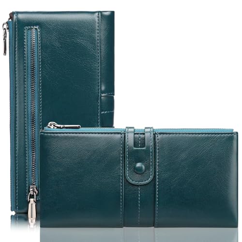 BVEOGMRO Damen-Geldbörse, RFID-blockierend, große Kapazität, Leder, lange Clutch, doppelter Reißverschluss, Kreditkartenetui mit Handgelenk, B03 Lake Blue, 7.68" x 4.14" x 1.18" in, Modern von BVEOGMRO