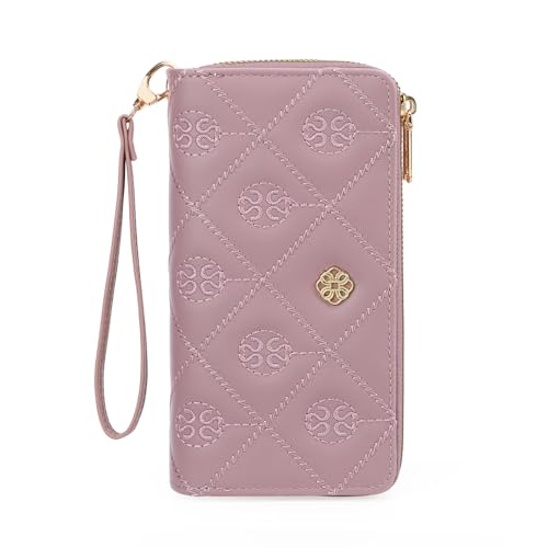 BVEOGMRO Damen-Geldbörse, großes Fassungsvermögen, doppelter Reißverschluss, Kartenhalter, Handyhalter, gestepptes Armband, Bean Purple von BVEOGMRO