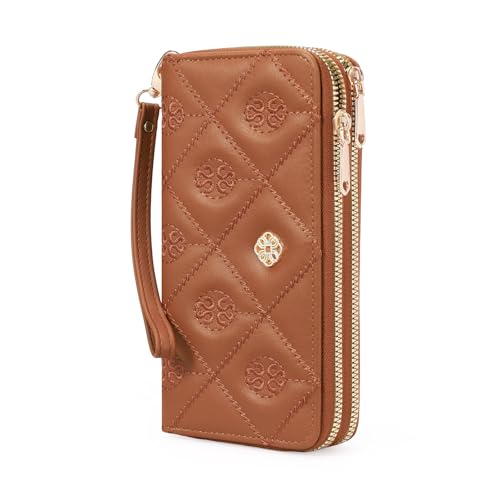 BVEOGMRO Damen-Geldbörse, großes Fassungsvermögen, doppelter Reißverschluss, Kartenhalter, Handyhalter, gestepptes Armband, Helles Braun von BVEOGMRO