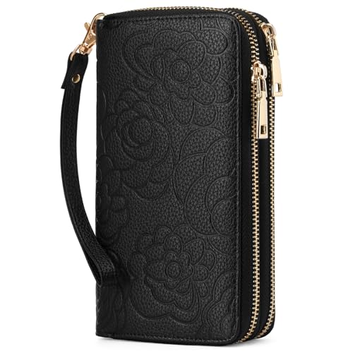 BVEOGMRO Damen-Geldbörse mit Handgelenk, 2 umlaufenden Reißverschlüssen, Clutch, Geldbörse für Damen, RFID-blockierend, große Kapazität, Schwarz von BVEOGMRO