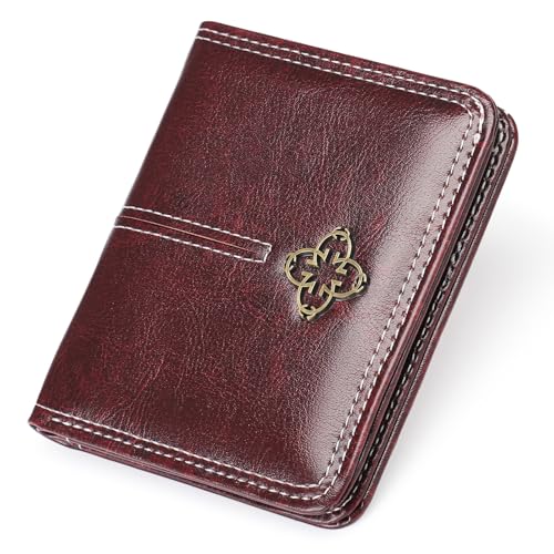 BVEOGMRO Geldbörse für Damen, RFID-blockierend, klein, doppelt gefaltet, Leder, Geldbörse, Reißverschluss, Münzfach, Mini-Geldbörse mit Ausweisfenster, A04 Weinrot, 4.13" x 3.73" x 0.59" in, Classic von BVEOGMRO