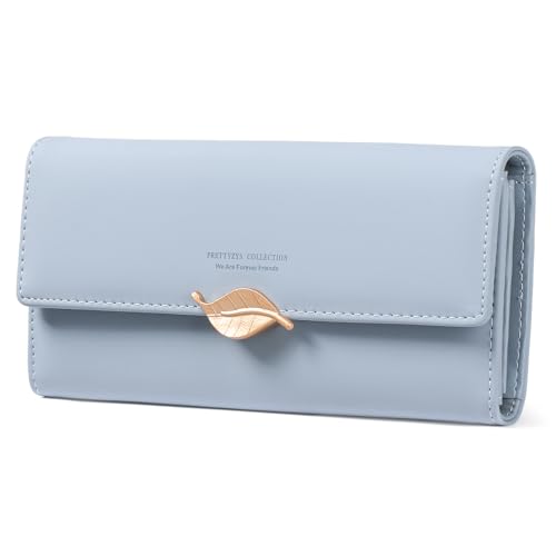 BVEOGMRO Damen-Geldbörse, Leder, RFID-blockierend, große Kapazität, dreifach gefaltet, Kartenhalter, Geldbörsen, lange Geldbörse mit Ausweisfenster, B03 Lake Blue, Modern von BVEOGMRO