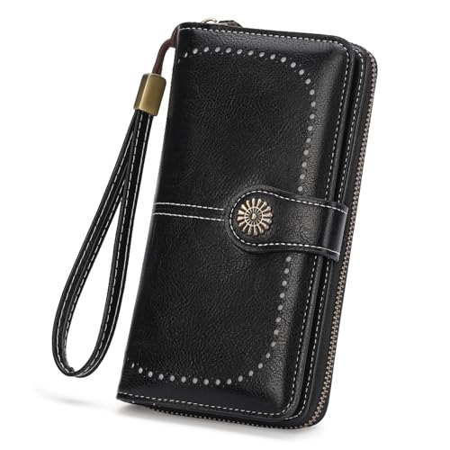 BVEOGMRO Geldbörsen für Damen, Leder, Kreditkartenetui mit RFID-blockierender Halterung, Bifold Wristlet Clutch Wallet, Hellschwarz, 7.68" x 4.13" x 1.38" in von BVEOGMRO