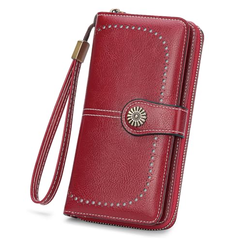 BVEOGMRO Geldbörsen für Damen, Leder, Kreditkartenetui mit RFID-blockierender Halterung, Bifold Wristlet Clutch Wallet, Weinrot, 7.68" x 4.13" x 1.38" in, Classic von BVEOGMRO