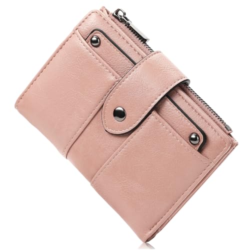 BVEOGMRO Kleine Damen-Geldbörse, kompakt, Leder, RFID-blockierend, Reißverschluss, Münzfach, Kartenhalter, Bifold Damengeldbörse mit Ausweisfenster, Helles Pink, 5.52" x 4.14" x 1.38" in von BVEOGMRO