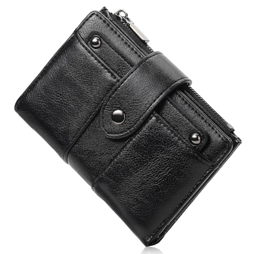 BVEOGMRO Kleine Damen-Geldbörse, kompakt, Leder, RFID-blockierend, Reißverschluss, Münzfach, Kartenhalter, Bifold Damengeldbörse mit Ausweisfenster, Schwarz, 5.52" x 4.14" x 1.38" in von BVEOGMRO