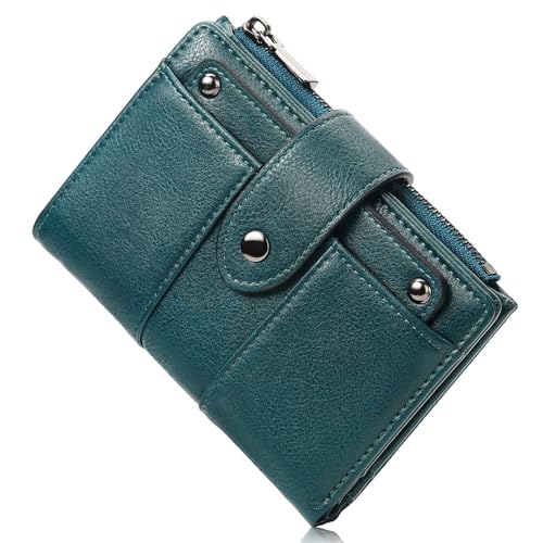 BVEOGMRO Kleine Damen-Geldbörse, kompakt, Leder, RFID-blockierend, Reißverschluss, Münzfach, Kartenhalter, Bifold Damengeldbörse mit Ausweisfenster, Seeblau, 5.52" x 4.14" x 1.38" in von BVEOGMRO