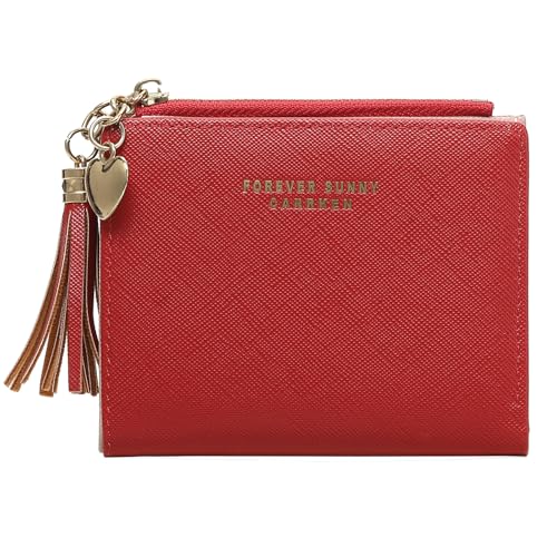 BVEOGMRO Kleine Geldbörse für Damen, Leder, RFID-blockierend, Münzfach, Kartenhalter, dreifach gefaltet, kompakte Brieftaschen mit Ausweisfenster, D04 Rot, 4.33" x 3.74" x 0.79" in, Classic von BVEOGMRO