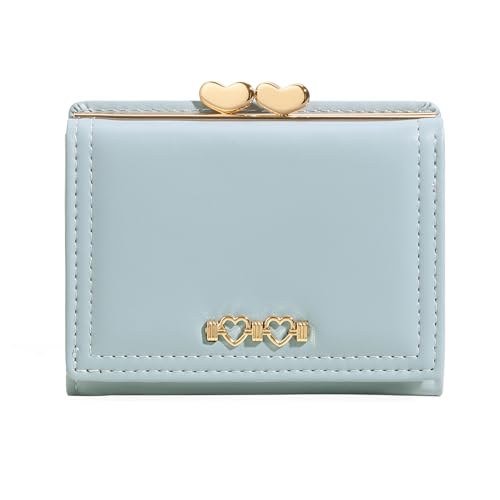 BVEOGMRO Kleine Geldbörse für Damen, Leder, RFID-blockierend, Münzfach, Kartenhalter, dreifach gefaltet, kompakte Brieftaschen mit Ausweisfenster, Hell, blau, 4.14" x 3.35" x 1.38" in, Classic von BVEOGMRO