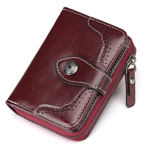 BVEOGMRO Kleine Geldbörse für Damen, kompakt, RFID-blockierend, Leder, doppelter Reißverschluss, Kartenetui, Geldbörse, Weinrot, 4.93" x 3.74" x 1.58" in von BVEOGMRO