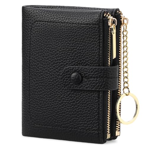 BVEOGMRO Kleine Geldbörse für Damen, weiches Leder, RFID-blockierend, Kartenhalter, faltbar, kompakt, mit Münzfach mit Reißverschluss, Hellschwarz, 1.57" x 3.74" x 4.72" in von BVEOGMRO