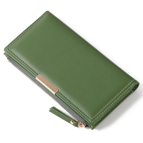 BVEOGMRO Schlanke Damengeldbörse Bifold Damen Lange Geldbörse Reise-Kreditkartenetui mit Münzfach mit Reißverschluss, Grün von BVEOGMRO