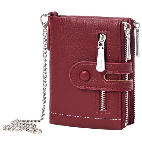 GOIACII Kleine Damengeldbörse Bifold Kartenhalter mit 2 Reißverschluss Münztaschen Kette Geldbörse für Frauen Weiches Leder, Big Red von BVEOGMRO