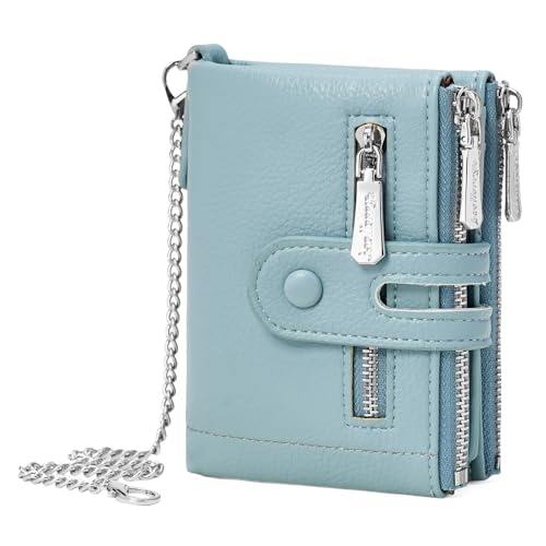 GOIACII Kleine Damengeldbörse Bifold Kartenhalter mit 2 Reißverschluss Münztaschen Kette Geldbörse für Frauen Weiches Leder, Hell, blau von BVEOGMRO