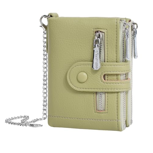 GOIACII Kleine Damengeldbörse Bifold Kartenhalter mit 2 Reißverschluss Münztaschen Kette Geldbörse für Frauen Weiches Leder, Hellgrün von BVEOGMRO