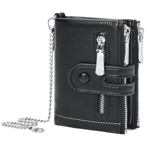 GOIACII Kleine Damengeldbörse Bifold Kartenhalter mit 2 Reißverschluss Münztaschen Kette Geldbörse für Frauen Weiches Leder, Schwarz von BVEOGMRO