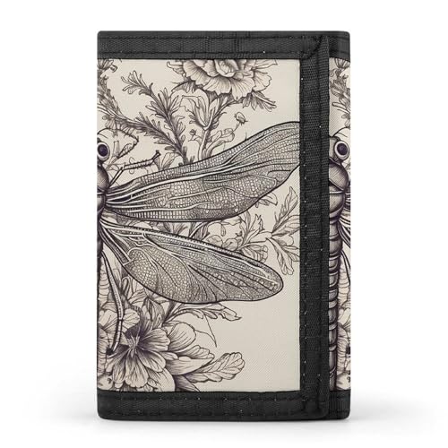 BVKWNTSA Stilvolle und langlebige handgezeichnete dreifach gefaltete Geldbörse mit Blumenmuster und Libelle, mehrere Kartenfächer, große Kapazität und tragbar, Handgezeichnete Libelle mit Blumenmuster von BVKWNTSA