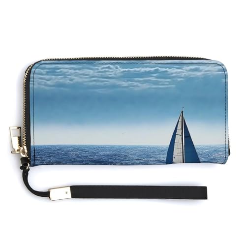 Modische lange Handtasche mit großem Fassungsvermögen, blaues Segelboot, internes Design mit mehreren Fächern, erfüllt Ihre vielfältigen Reisebedürfnisse von BVKWNTSA