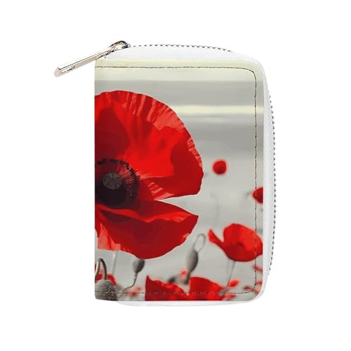 Modischer Kartenhalter aus Leder mit rotem Mohnblumen-Motiv, großes Fassungsvermögen, klein und praktisch, einfach in Taschen, Handgepäcktaschen, Rucksäcke usw. zu verstauen. Erfüllen Sie Ihre von BVKWNTSA