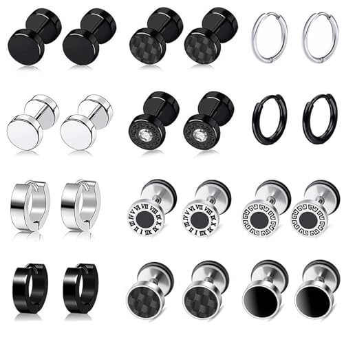 12 Paar Herren Edelstahl Ohrringe, Ohrringe Schwarz Herren, Allergiefreie Ohrringe Ohrstecker, Fake Plugs Ohrringe, Silber Creolen, Tunnel Ohrringe für Herren Damen von BVLAGIDA