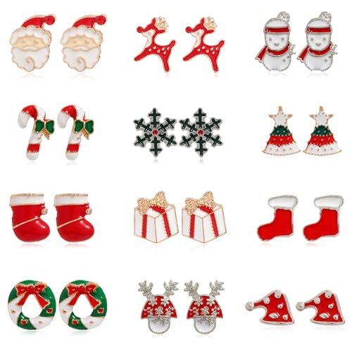 12 Paar Ohrringe Weihnachten für Damen Mädchen Kinder Weihnachtsohrringe Damen Weihnachts Ohrringe Set Weihnachtsbaum Rentier Jingle Ohrringe Christmas Earrings von BVLAGIDA