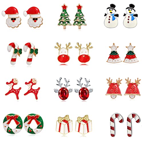 12 Paar Weihnachtsohrringe für Kinder, Damen und Mädchen - Set Mit Weihnachtsbaum, Jingle und Rentier Motiven - Christmas Earrings von BVLAGIDA