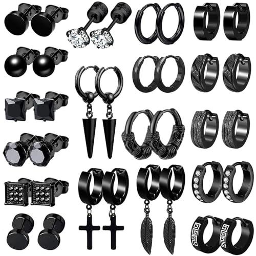 18 Paare Ohrringe Herren Edelstahl Creolen Kreuz Feder Hängend Schwarz Ohrstecker für Herren Damen Cool Kpop Ohrring Set von BVLAGIDA