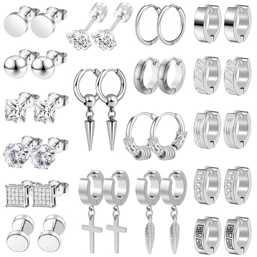 18 Paare Ohrringe Herren Edelstahl Creolen Kreuz Feder Hängend Ohrringe Männer Silber Ohrstecker für Herren Damen Cool Kpop Ohrring Set von BVLAGIDA