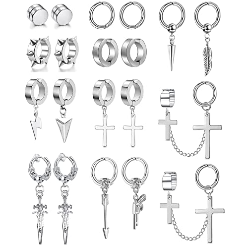 BVLAGIDA 20 Stücke Edelstahl magnet ohrringe für Männer Damen Creolen Kreuz Anhänger Nicht Piercing Hypoallergen Non-piercing Clip on Ohrringe, Silber von BVLAGIDA