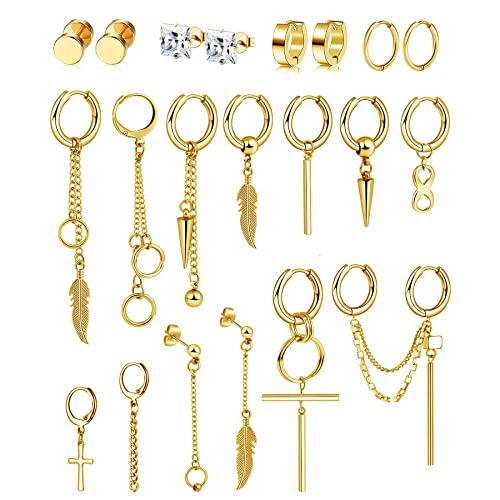 21 Stück Herren Ohrringe Edelstahl Creolen Kreuz Feder Anhänger Ohrringe Set Ohrstecker für Männer Frauen Cool Kpop Ohrringe Set Gold von BVLAGIDA