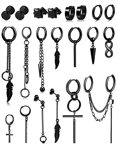 21 Stück Ohrringe Herren Schwarz Ohrringe Männer Edelstahl Creolen Kreuz Feder Anhänger Ohrstecker Hypoallergen Ohr Piercing von BVLAGIDA
