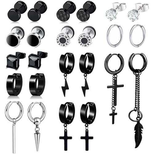 24 Stück Ohrringe Herren Edelstahl Creolen Kreuz Anhänger Ohrringe Schwarz/Silber Ohrstecker für Herren Damen Cool Kpop Ohrringe Set von BVLAGIDA