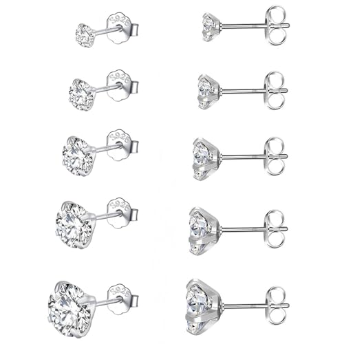 5 Paar 925 Silber Ohrringe für Damen Herren Medizinische Ohrstecker Hypoallergene Zirkonia Ohrstecker Piercing Ohrringe für Empfindliche Ohren, 3/4/5/6/7mm, mit Geschenkbox von BVLAGIDA