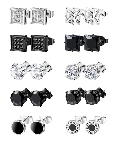 BVLAGIDA 10 Paar Ohrringe Herren Edelstahl Ohrstecker Set Hypoallergen Zirkonia Ohrstecker Schwarz Silber Ohr Piercing für Herren Damen von BVLAGIDA