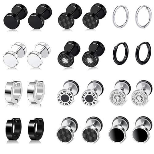 BVLAGIDA 12 Paar Herren Edelstahl Ohrringe, Ohrringe Schwarz Herren, Allergiefreie Ohrringe Ohrstecker, Fake Plugs Ohrringe, Silber Creolen, Tunnel Ohrringe für Herren Damen von BVLAGIDA