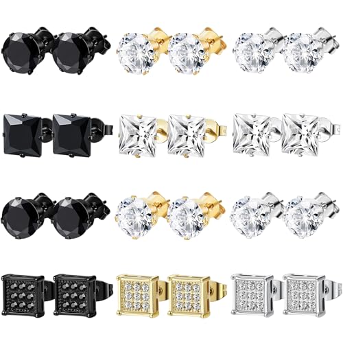 BVLAGIDA 12 Paar Ohrringe Herren Edelstahl Ohrstecker Set Hypoallergen Ohr Piercing Silber/Gold/Schwarz Zirkonia Ohrstecker für Männer Damen von BVLAGIDA