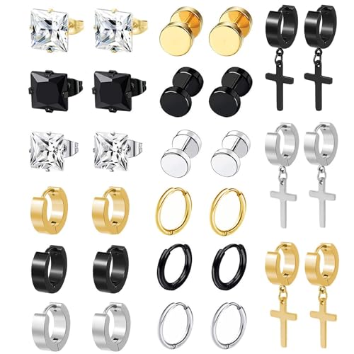 BVLAGIDA 15 Paar Herren Ohrringe, Edelstahl Creolen, Kreuz Anhänger Ohrringe Set, Fake Plugs Ohrringe, Zirkonia Ohrstecker für Herren Damen, Silber/Schwarz/Gold von BVLAGIDA