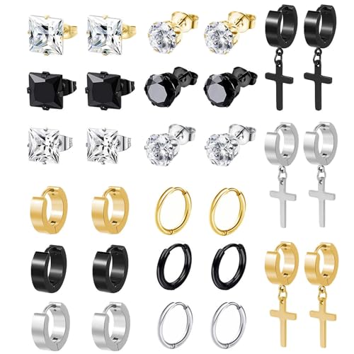 BVLAGIDA 15 Paar Herren Ohrringe Edelstahl - Kreuz Anhänger Set, Creolen, Zirkonia Ohrstecker für Damen - Silber/Schwarz/Gold BVLAGIDA 15 Paar Herren Ohrringe Edelstahl - Kreuz Anhänger Set, Creolen, Zirkonia Ohrstecker für Damen - Silber/Schwarz/Gold von BVLAGIDA