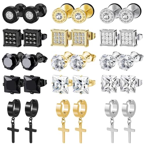 BVLAGIDA 15 Paare Ohrringe Herren Edelstahl Ohrstecker Set Zirkonia Ohrstecker Kreuz Baumelnde Ohrring Hypoallergen Ohr Piercing für Männer Damen von BVLAGIDA